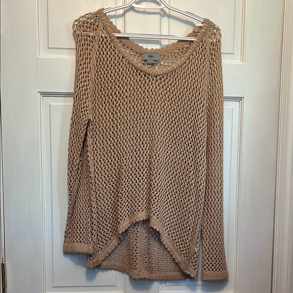 Tan Crew Neck Sweater with Airy Knit and Relaxed Fit